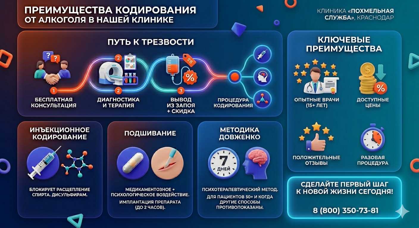 Инфографика о методах кодирования от алкоголя в Анастасиевской: инъекции, подшивание, метод Довженко. Преимущества клиники и этапы лечения.