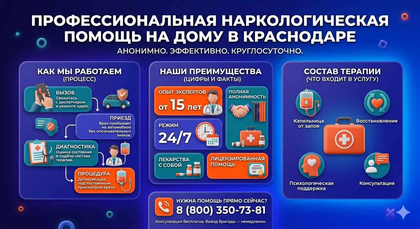 Инфографика о принципах лечения алкоголизма на дому в Анастасиевской: этапы вызова нарколога, преимущества анонимной детоксикации и состав медицинской помощи.